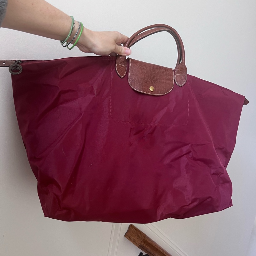 Longchamp Red and Brown Tote Bag with Leather Handles